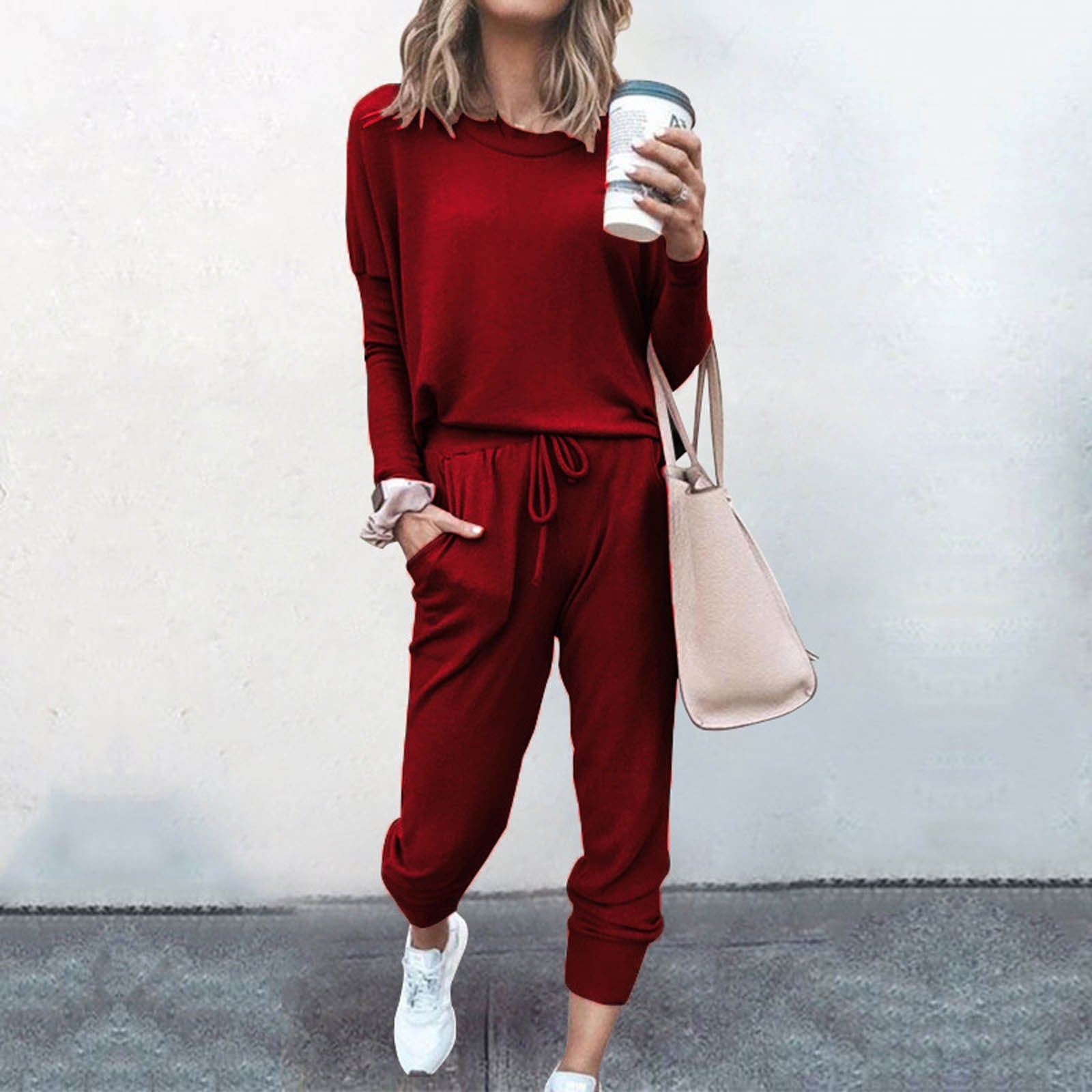 XWSHYW Lounge Sets for Women Plus Size Fashion Solid Color Drawstring Casual Top Pant Set Loose Fit Long Sleeve Crew Neck Pocket Tops Set Deals of The Week