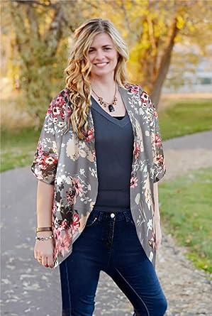 Women's Floral Print Puff Sleeve Kimono Cardigan Loose Cover Up Casual Blouse Tops