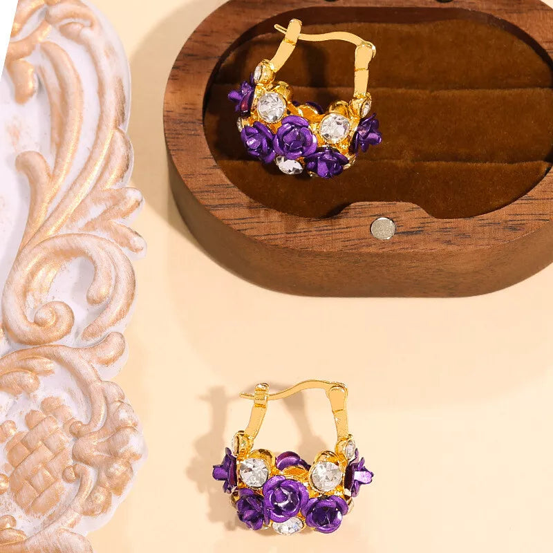 Roses with Diamonds U-Shape Fashion Flower Design Light Luxury Niche Earrings