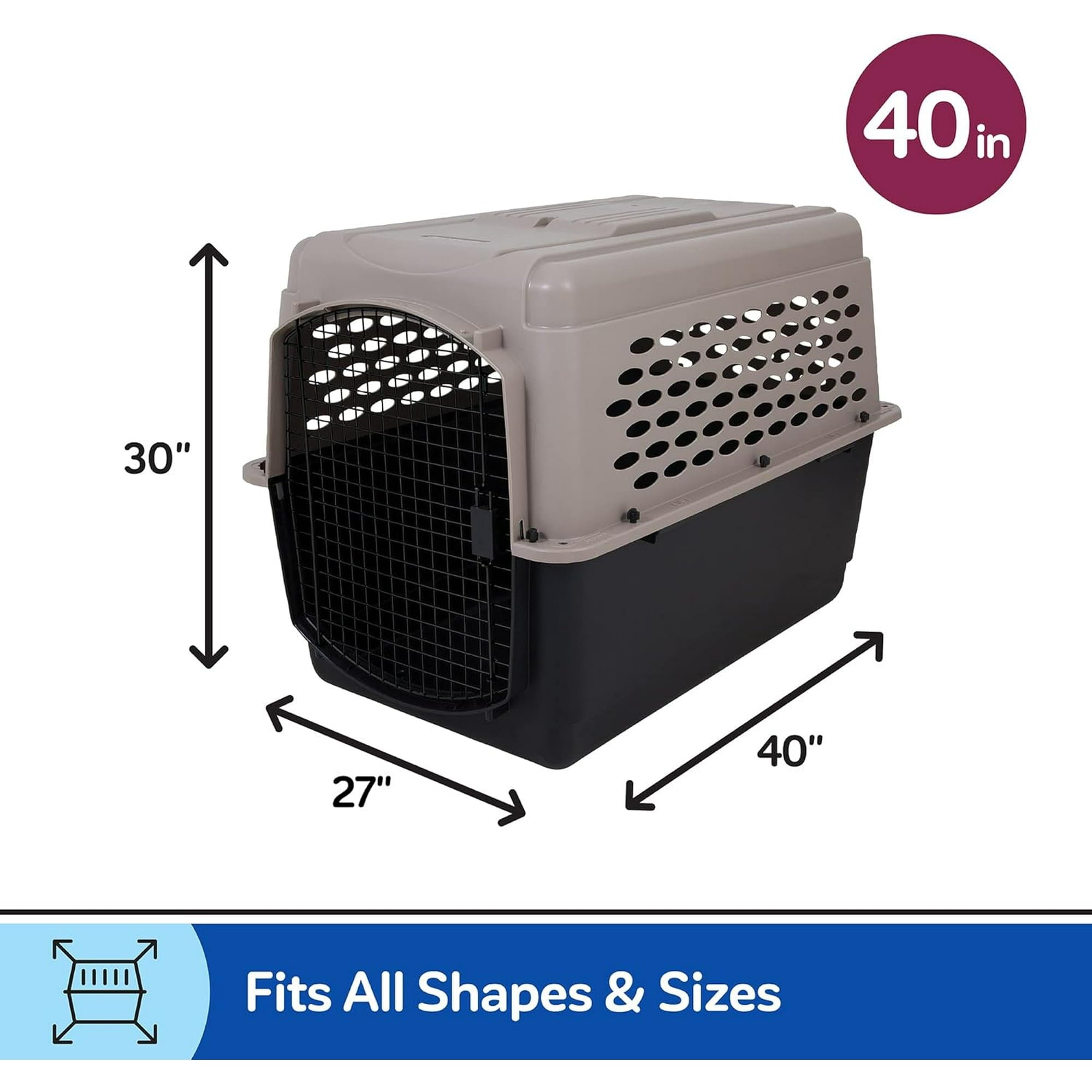 Vibrant Life Pet Kennel Large 40" Dog Crate, Plastic Travel Pet Carrier for Pets 70-90 lb, Grey
