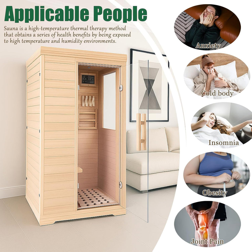 Far Infrared Sauna for 1 Person - 1050W Fast Heating, Canadian Hemlock Wood Home Sauna with Bluetooth Speaker