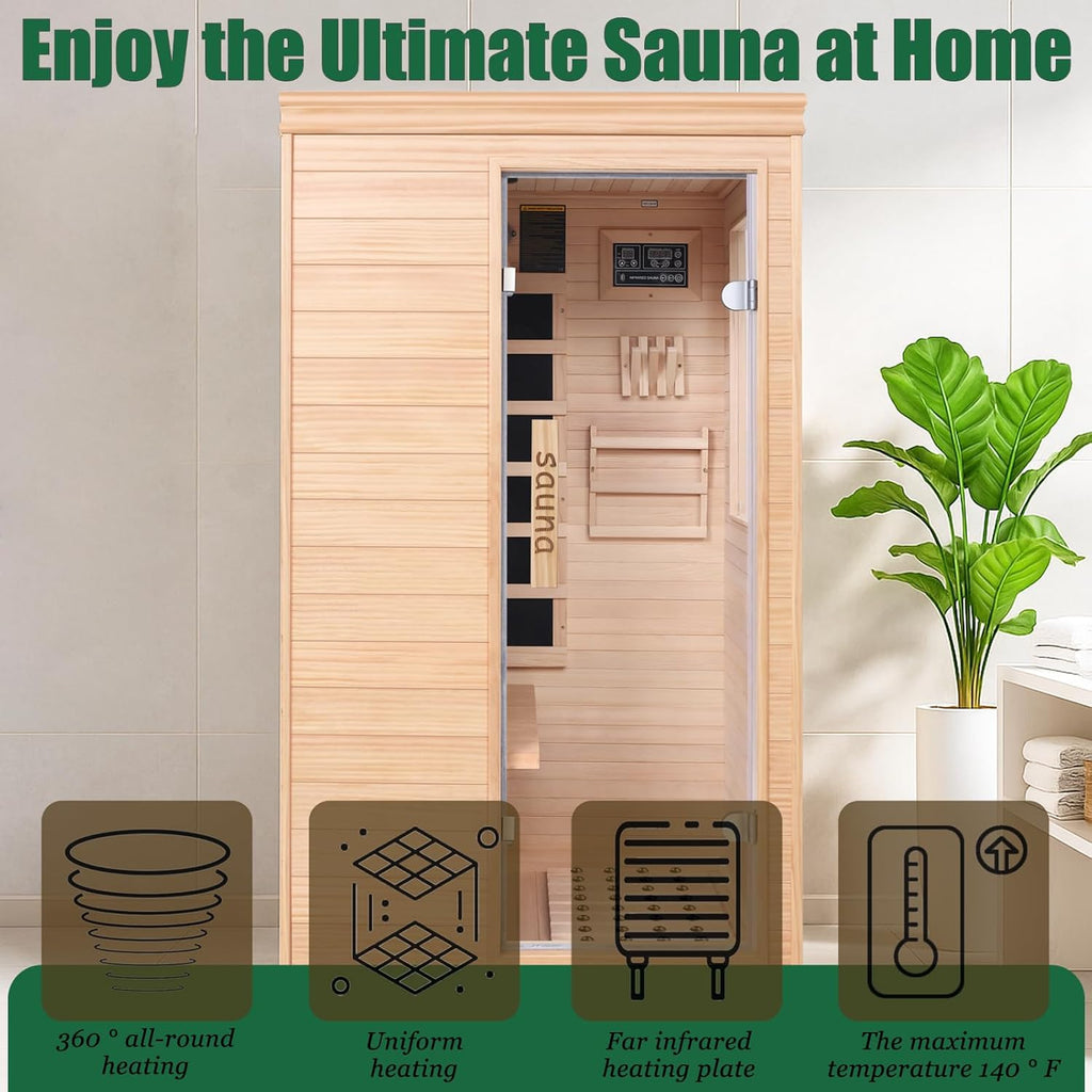 Far Infrared Sauna for 1 Person - 1050W Fast Heating, Canadian Hemlock Wood Home Sauna with Bluetooth Speaker