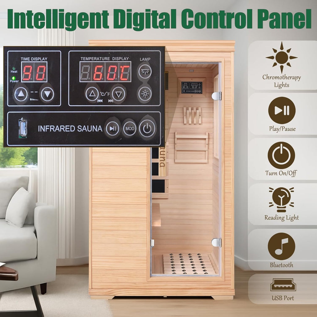 Far Infrared Sauna for 1 Person - 1050W Fast Heating, Canadian Hemlock Wood Home Sauna with Bluetooth Speaker