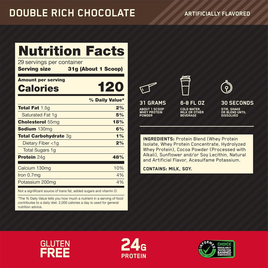 Optimum Nutrition Gold Standard 100% Whey Protein Powder, Double Rich Chocolate, 2 Pound