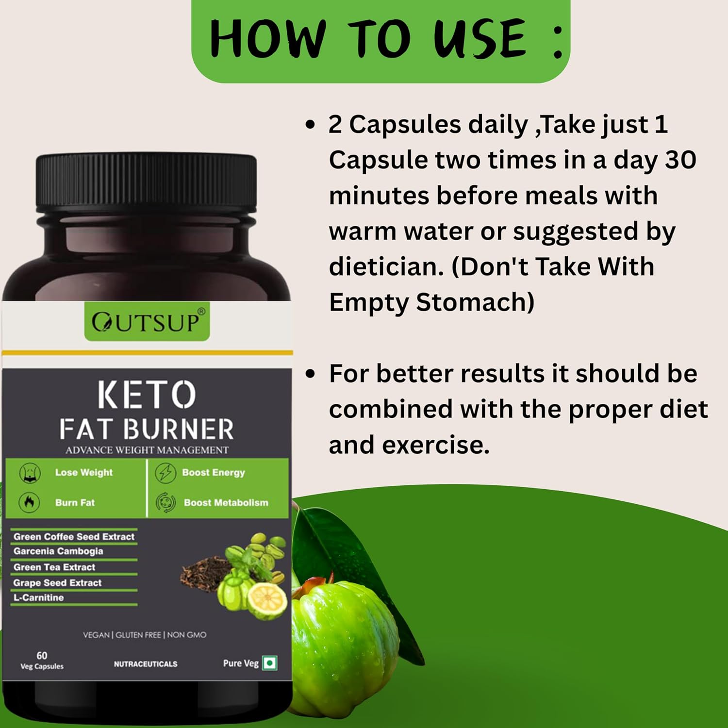 Outsup Keto Fat Burner 60 Caps 1000MG, Weight Loss Supplement for Women & Men With Garcinia Cambogia