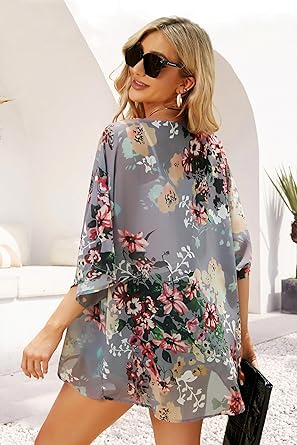 Women's Floral Print Puff Sleeve Kimono Cardigan Loose Cover Up Casual Blouse Tops