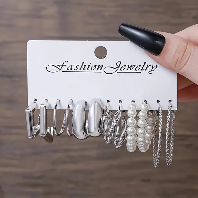 Vintage Silver Color Y2K Pearl Earrings for Women Geometry Round Circle Square Hoop Earring Set Fashion Female Jewelry Accessory