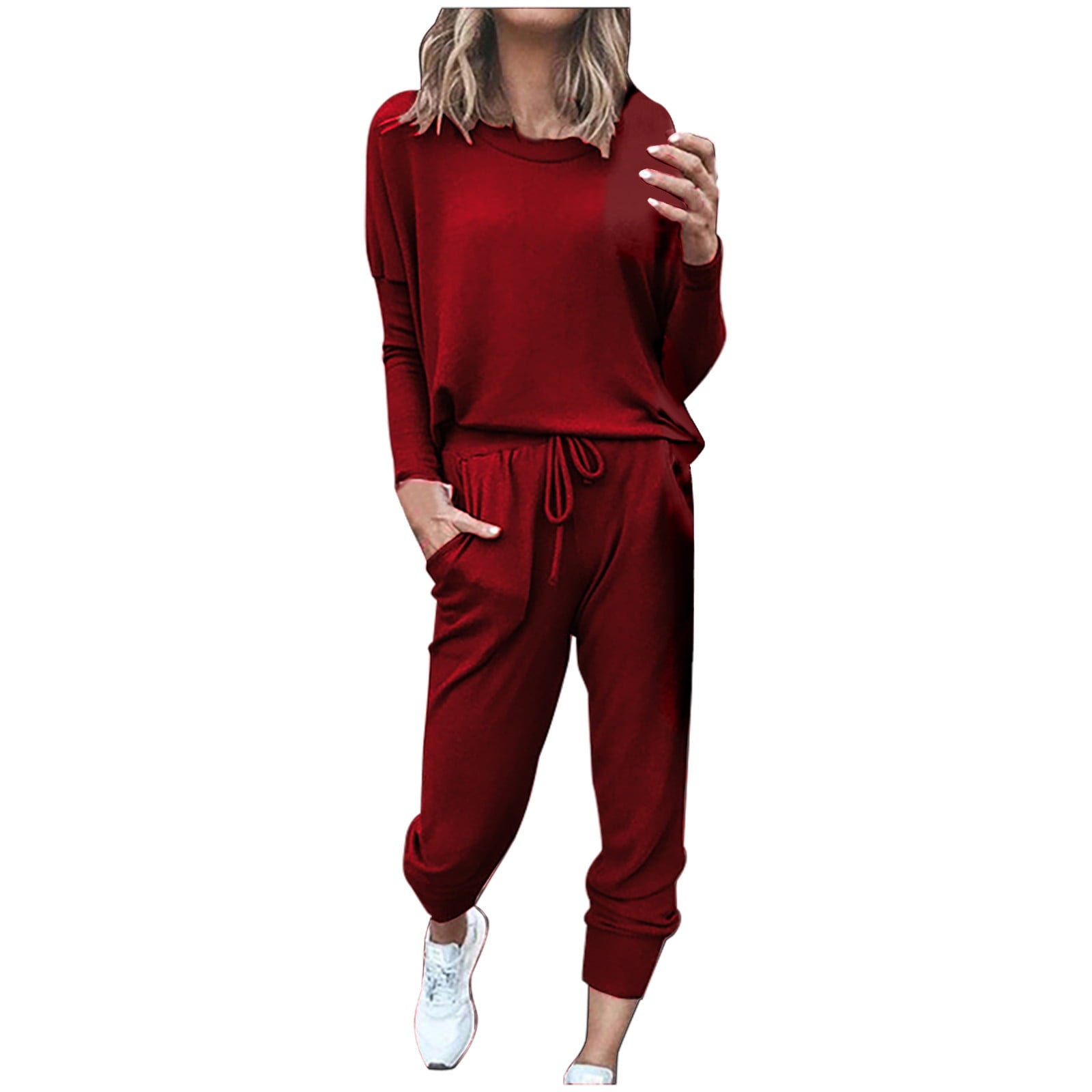 XWSHYW Lounge Sets for Women Plus Size Fashion Solid Color Drawstring Casual Top Pant Set Loose Fit Long Sleeve Crew Neck Pocket Tops Set Deals of The Week